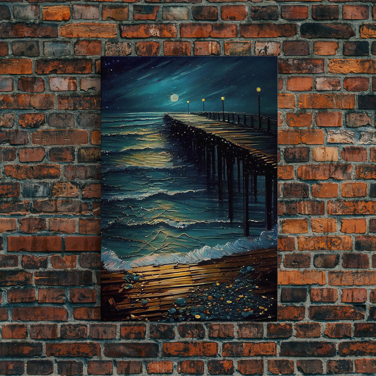 Van Gogh Starry Night Inspired, The Beach Boardwalk at Midnight, Framed Canvas Print, Unique Wall Art, Canvas Art, Living Room Decor