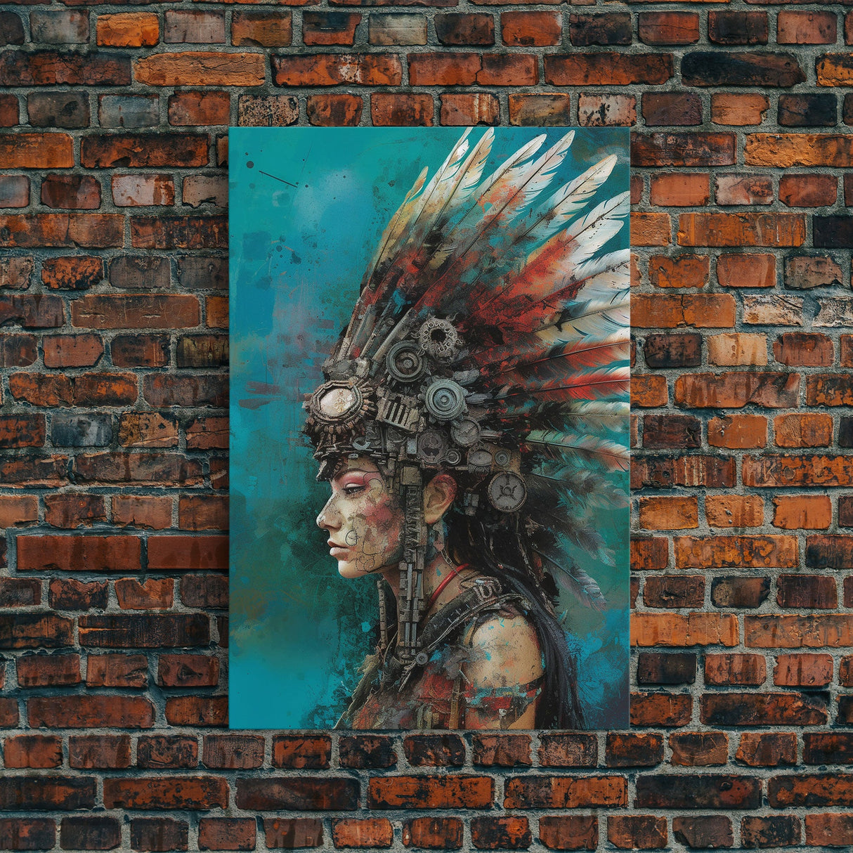 Steam Punk Native American Headdress, Framed Canvas Print, Abstract Art, Native American Futurism Art