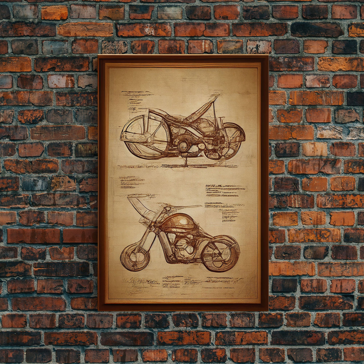 Steampunk motorcycle diagram wall art, canvas print, mancave decor, Da Vinci style diagram motorcycle art, abstract man cave art