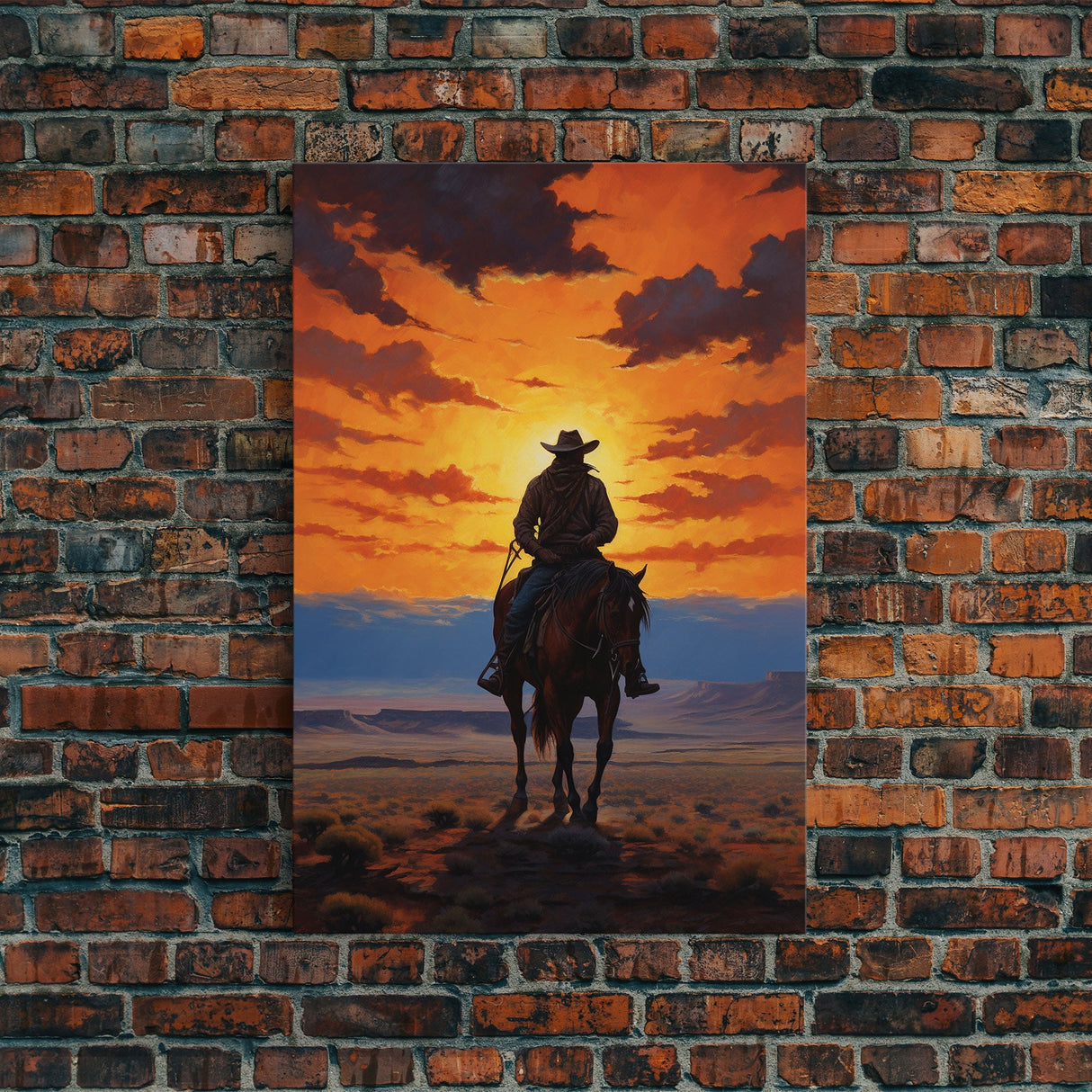 Cowboy Silhouette Wall Art, Western Wall Decor, Sunset Wall Art, Canvas Print, Wall Art, Vertical Art, Teen Boy Wall Art, Rustic Wall Decor