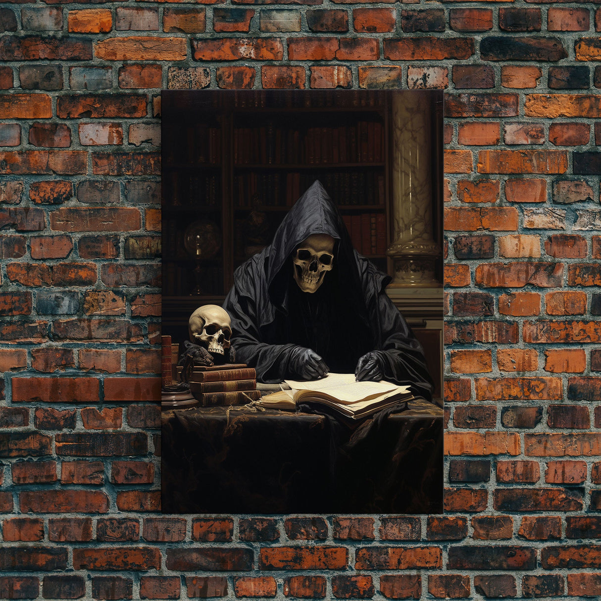 The Grim Reaper In His Study, Gothic Halloween Decor, Framed Canvas Print, Scary Horror Art, Goth Decor, Moody Oil Painting, Dark Academia