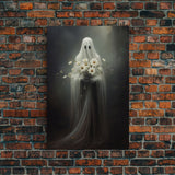 The Ghost With The Flowers, Gothic Halloween Decor, Framed Canvas Print, Scary Horror Art, Goth Decor, Moody Oil Painting, Dark Academia