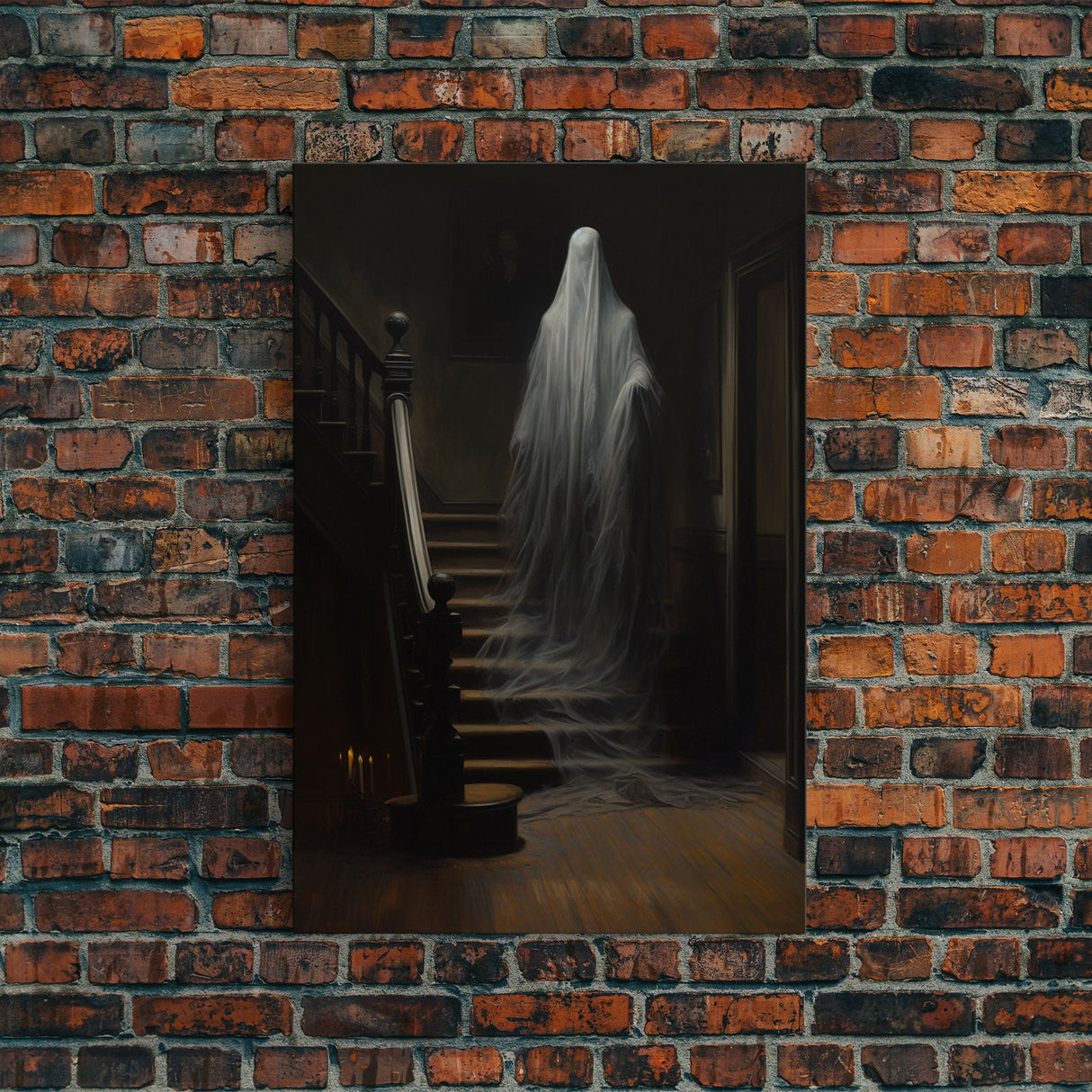 The Ghost On The Stairs, Macabre Halloween Decor, Halloween Poster / Canvas Print, Framed Wall Art, Dark Academia Goth Art