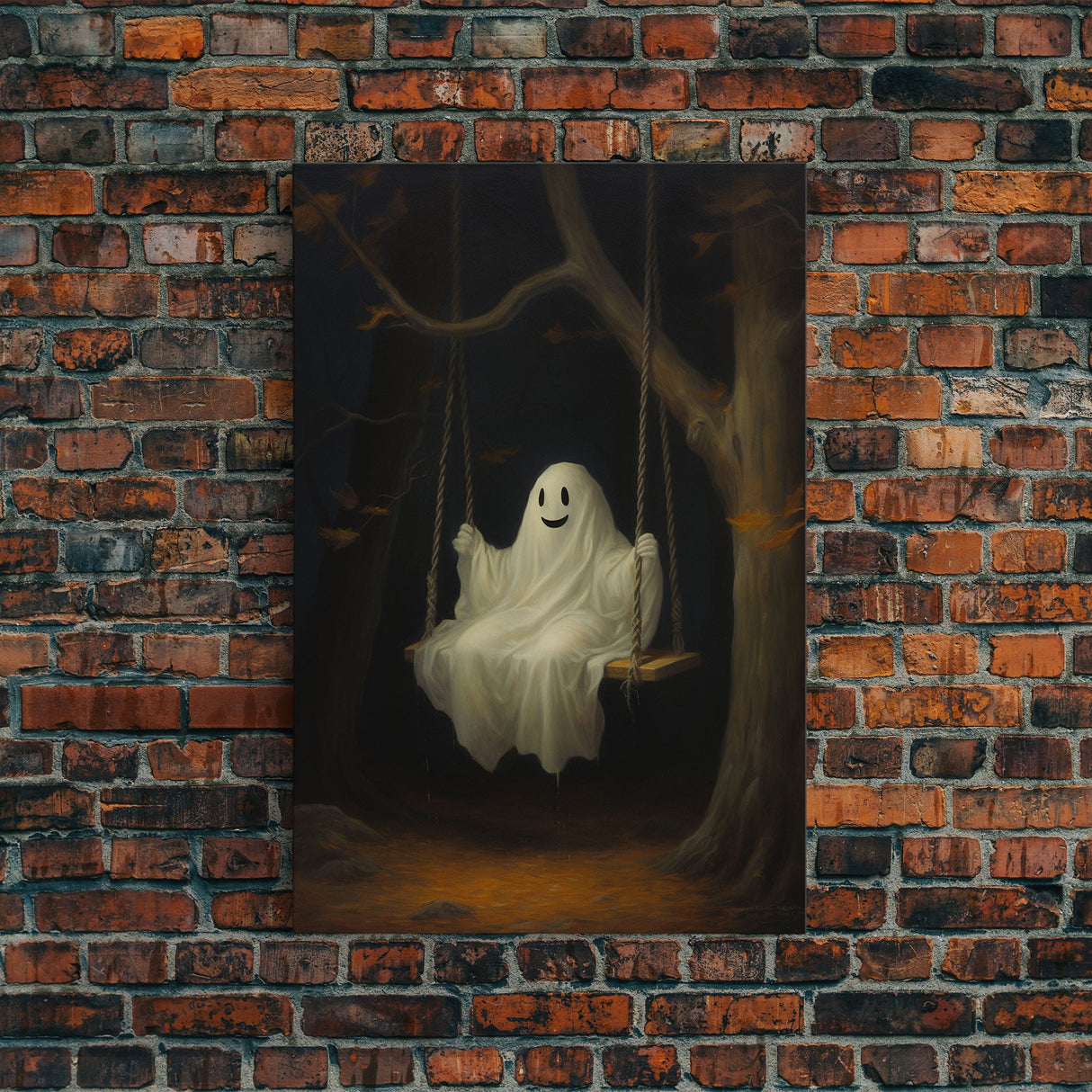 The Happy Playground Ghost, Funny Halloween, Vintage Halloween Canvas, Framed Canvas Print, Cute Wall Art, Ghost On A Swing, Macabre Art