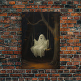 The Happy Playground Ghost, Funny Halloween, Vintage Halloween Canvas, Framed Canvas Print, Cute Wall Art, Ghost On A Swing, Macabre Art