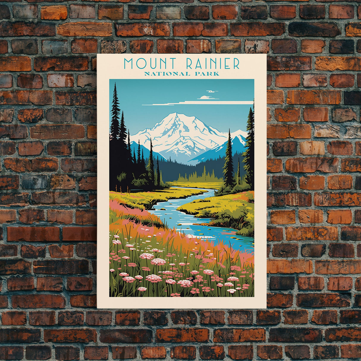 Mount Rainier National Park, Washington Travel Art, National Park Print, Minimalist Travel Art, Midcentury Modern Retro Style Landscape