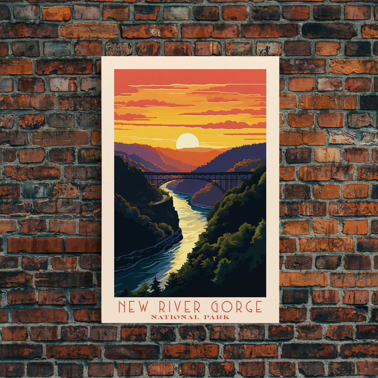 New River Gorge National Park, West Virginia Travel Art, National Park Print, Minimalist Travel Art, Midcentury Modern Retro Style Landscape