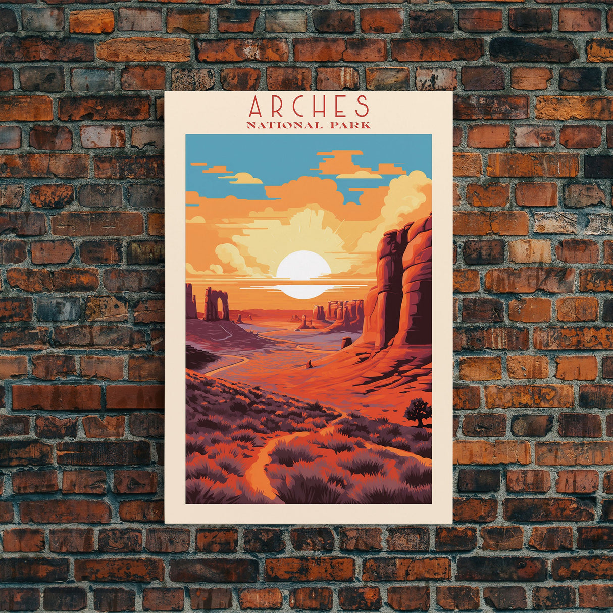 Arches National Park, Framed Wall Art Canvas Print, Travel Poster, Utah Travel Art, Roadtrip Decor, Cool Wall Art, Retro State Park Art