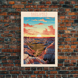 Badlands National Park, Framed Wall Art Canvas Print, Travel Poster, South Dakota Travel Art, Roadtrip Decor, Cool Art, Retro State Park Art