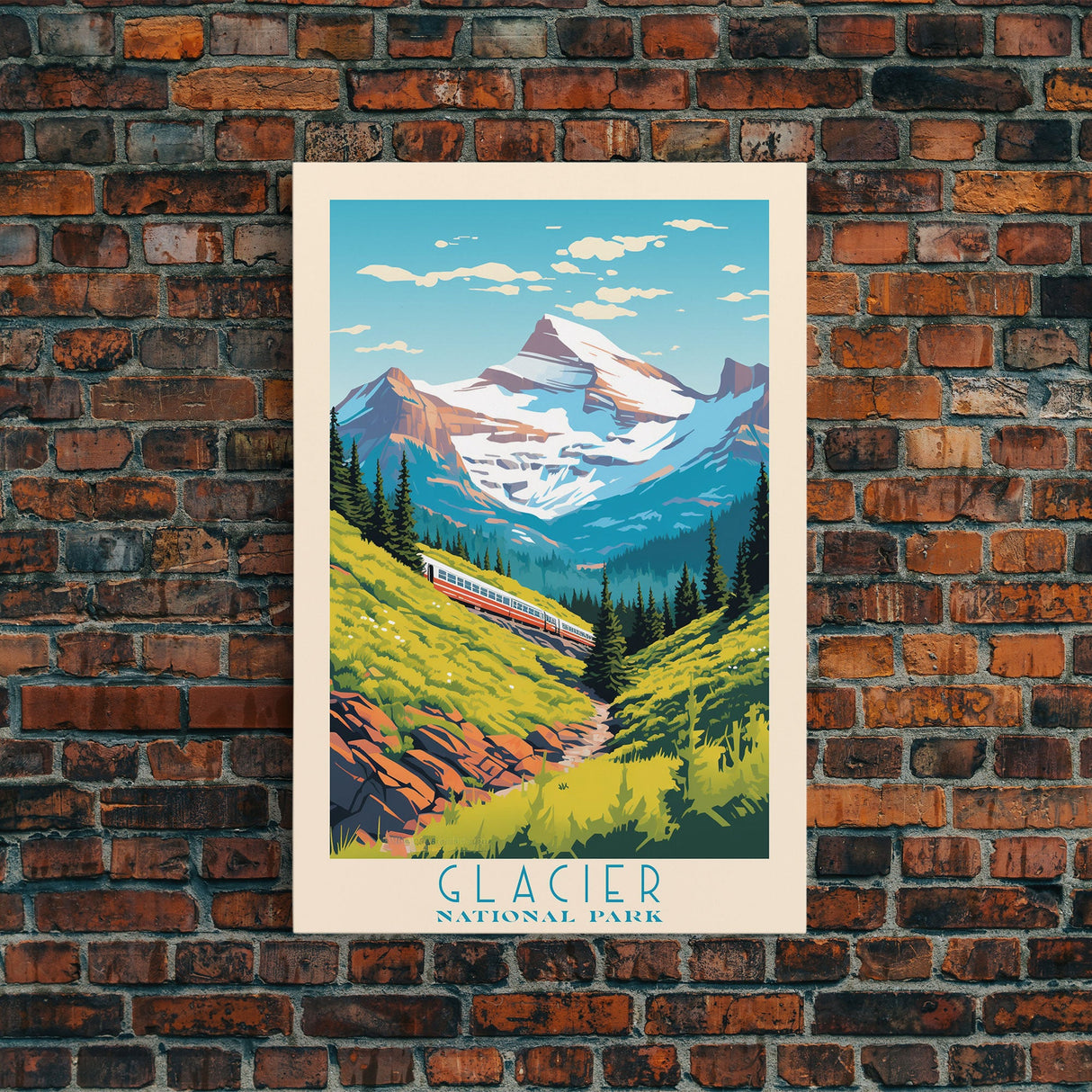 Glacier National Park Travel Poster Art, Canvas Print Wall Art, Montana Travel Art, Midcentury Modern Travel Decor, MCM Wall Art