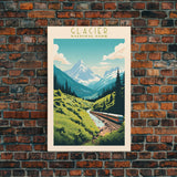 Glacier National Park Travel Poster Art, Canvas Print Wall Art, Montana Travel Art, Midcentury Modern Travel Decor, MCM Wall Art