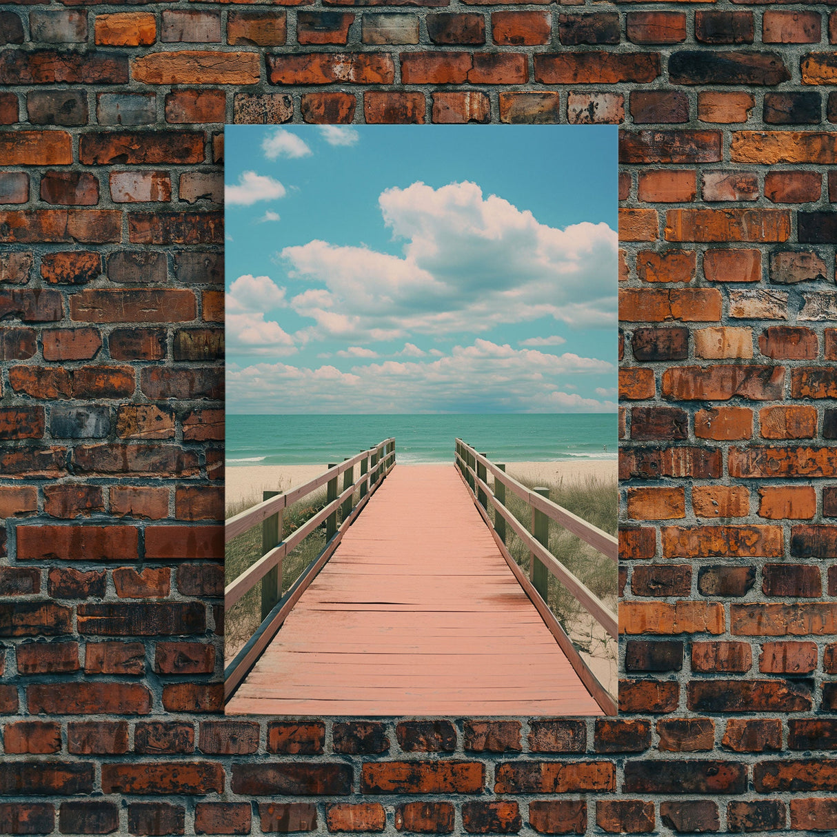 Beach Boardwalk, Vaporwave Summer Vibes, Framed Canvas Print, Retro Midcentury Modern Art, Liminal Art, Minimalist MCM Lakehouse Art