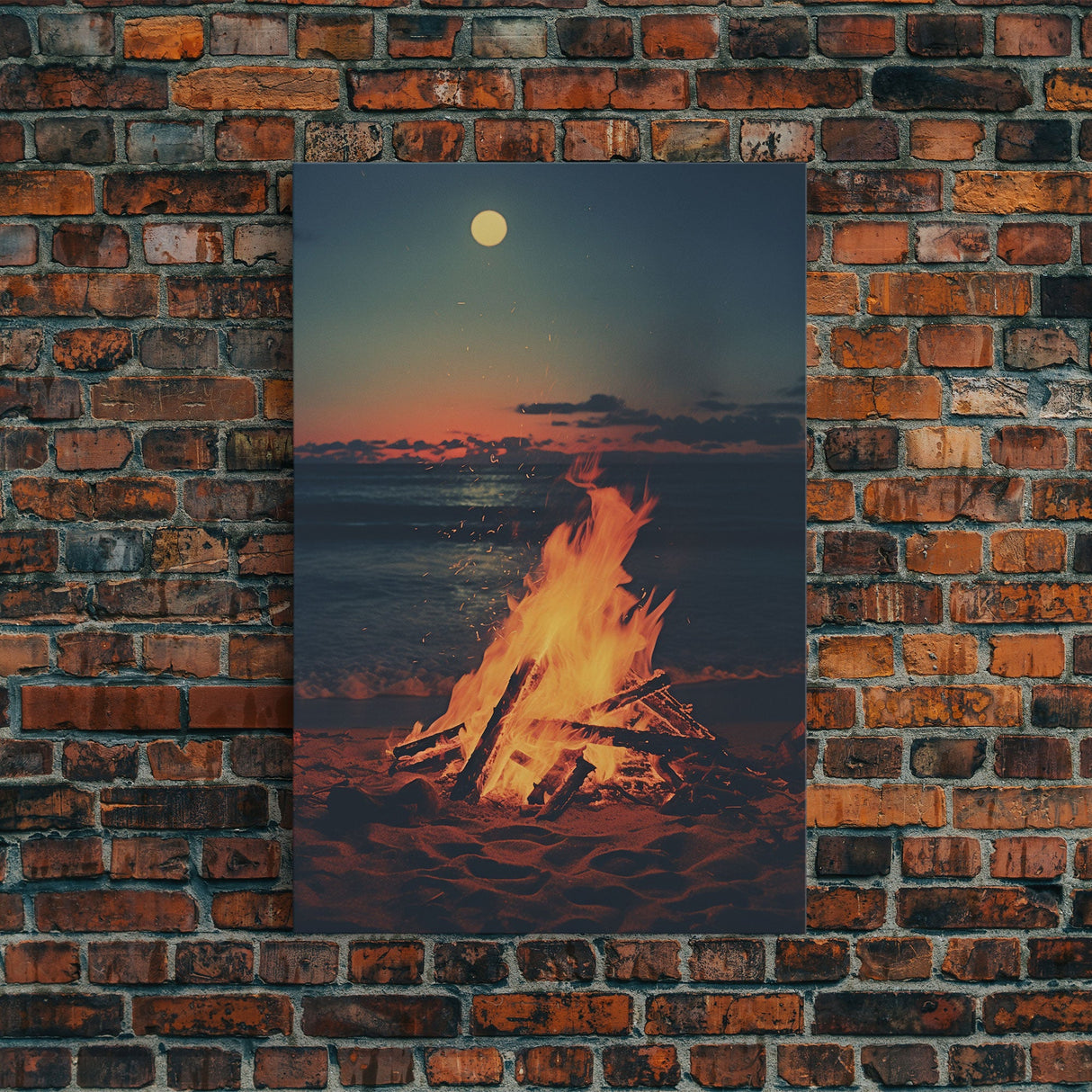 Beach Campfire Under A Full Moon, Photography Print, Framed Canvas Print, Beach House Decor, Coastal Decor, Beach Print, Beach Art