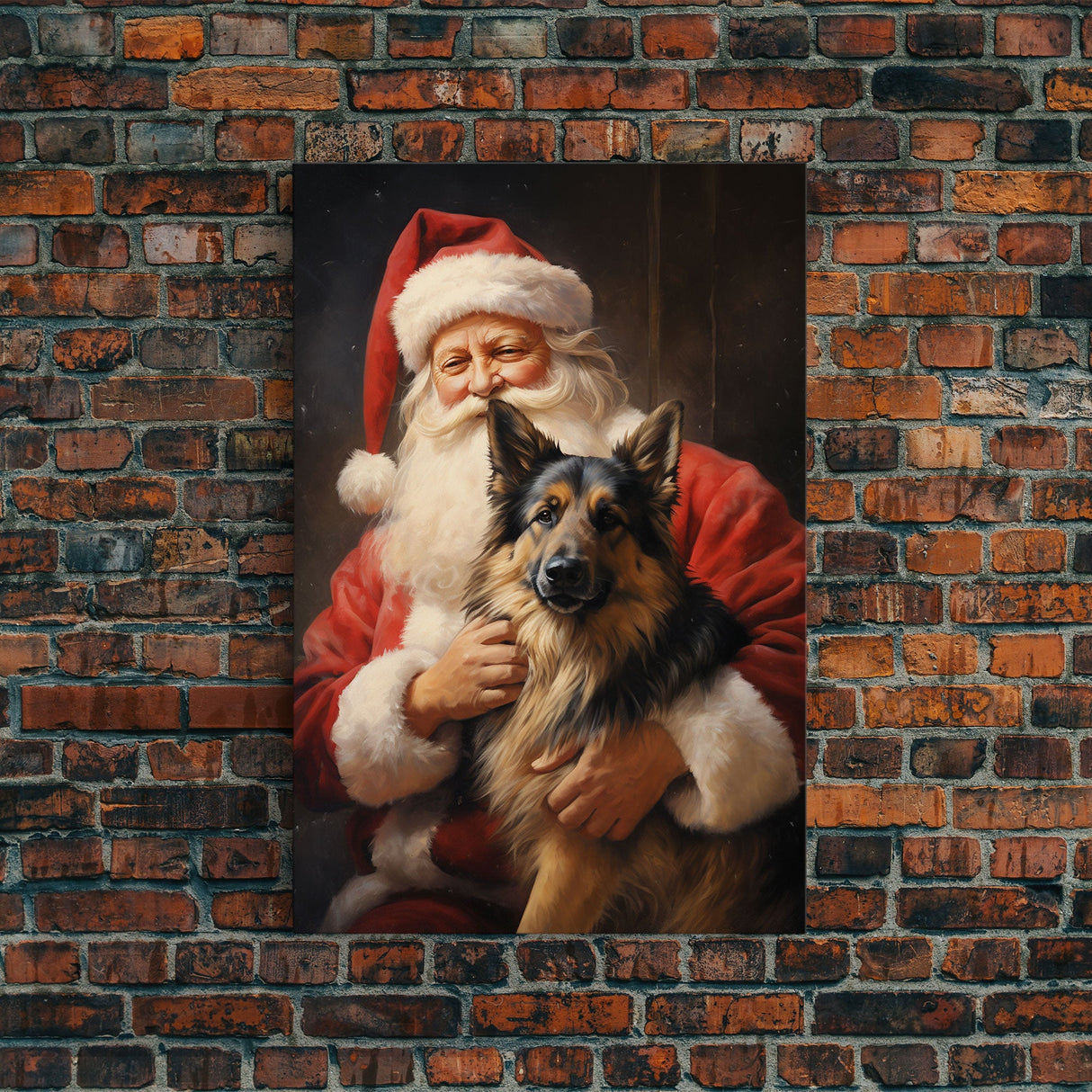 Santa Holding A German Shepherd, Framed Canvas Print, Christmas Wall Art, Xmas Art, Christmas Art Print, Santa Decor, Farmhouse Christmas