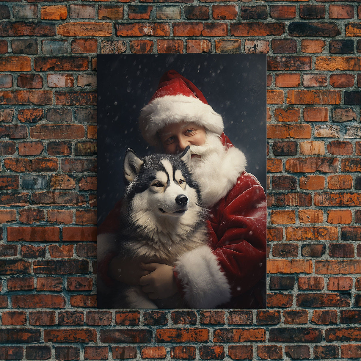 Santa Holding A Siberian Husky, Framed Canvas Print, Christmas Wall Art, Xmas Art, Christmas Art Print, Santa Decor, Farmhouse Christmas