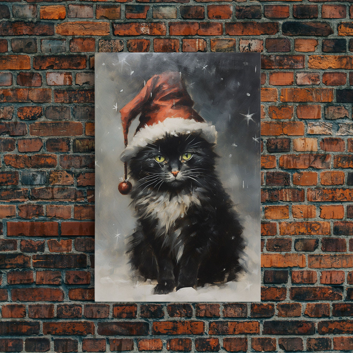 Black Christmas Cat Wearing A Santa Hat, Framed Canvas Print, Christmas Decor, Xmas Wall Art, Holiday Decor, Seasonal Wall Decor