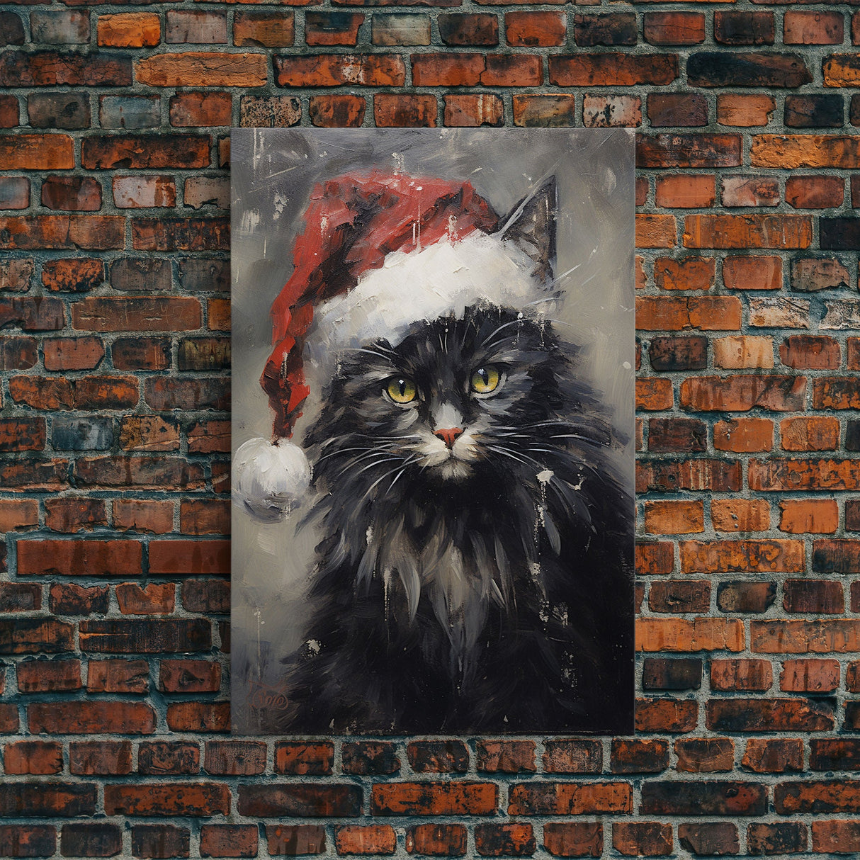 Christmas Cat In His Christmas Hat, Framed Canvas Print, Holiday Decor, Framed Canvas Print, Seasonal Wall Art