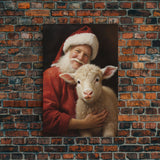 Farmhouse Christmas Decor, Santa And A Little Sheep, Framed Canvas Print, Christmas Wall Art, Xmas Art, Christmas Art Print, Santa Decor