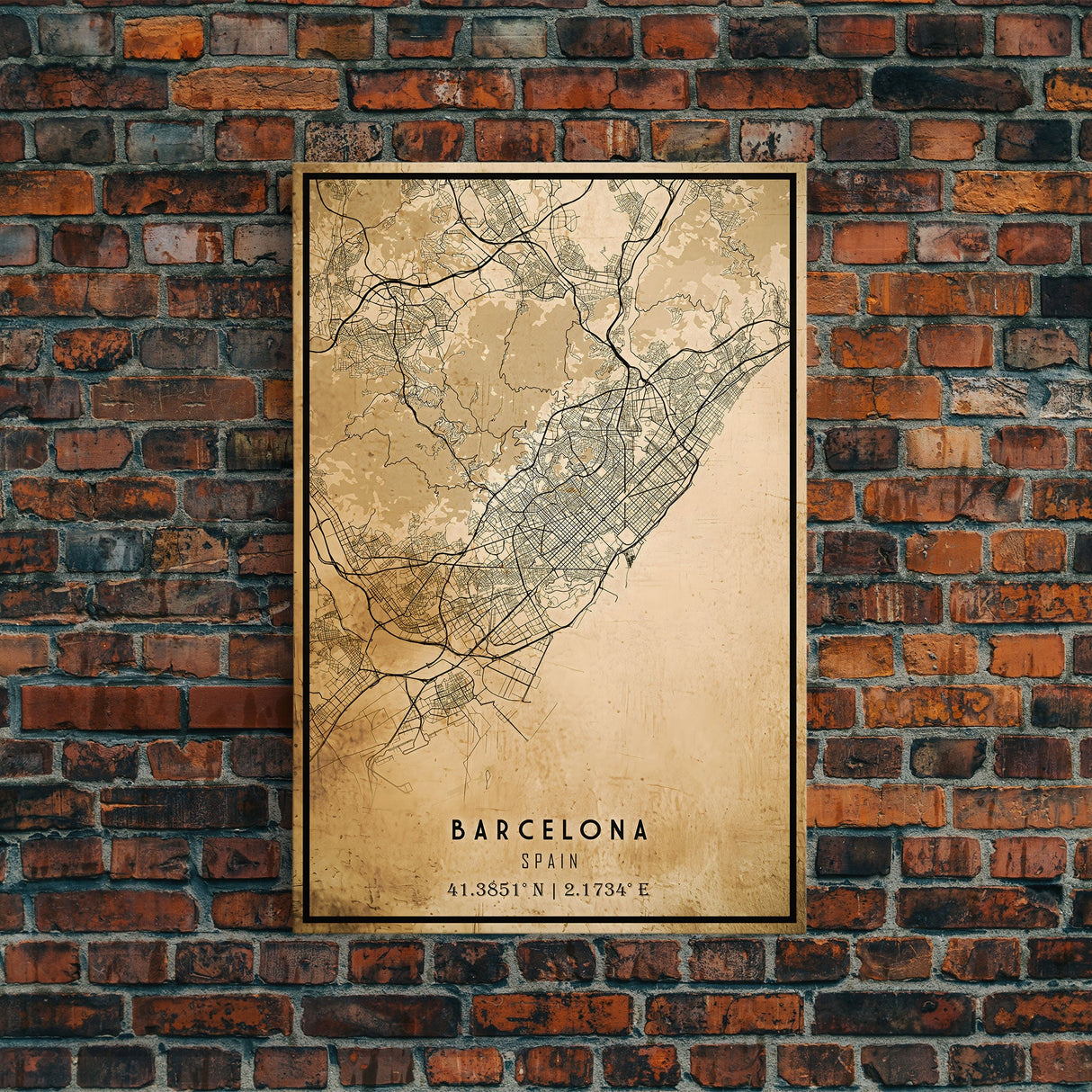 Barcelona Spain map print poster or framed canvas, Barcelona map print poster canvas, Spain city map print poster canvas, Vintage Travel Art