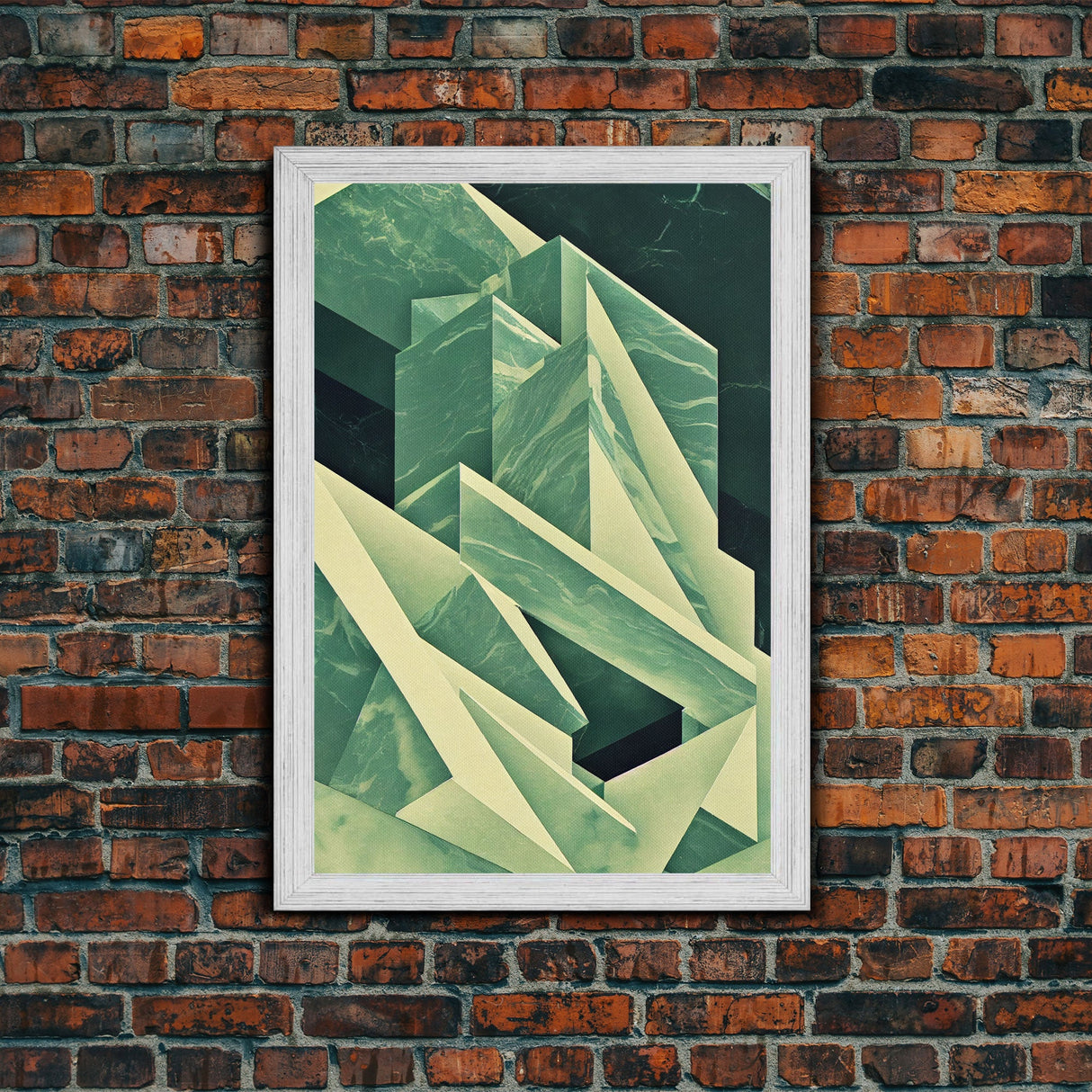 Cubism abstract geometric painting print, green marble shapes, framed canvas print