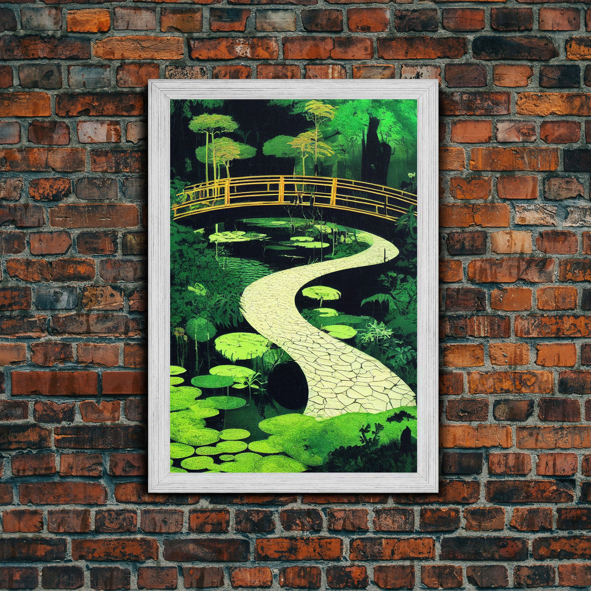 Emerald green Japanese zen garden art, framed canvas print, abstract art