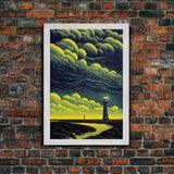 Smoky Sea, Lighthouse Art, Abstract Beach Art, Framed Canvas Print, Ready To Hang Framed Wall Art