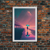 Synthwave Art, Neon / Pastel Beach Boardwalk, framed canvas print, vintage 80s style art