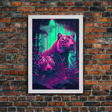 Retro Style Blue Eyed Tiger Art, Framed canvas print, framed wall art, unique colorful animal prints, synthwave style art