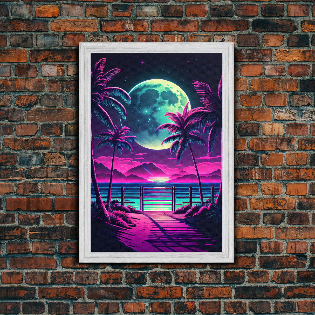 Full Moon over a Florida Beach, Palm Trees, Outrun Style Beach Landscape art, framed canvas Print