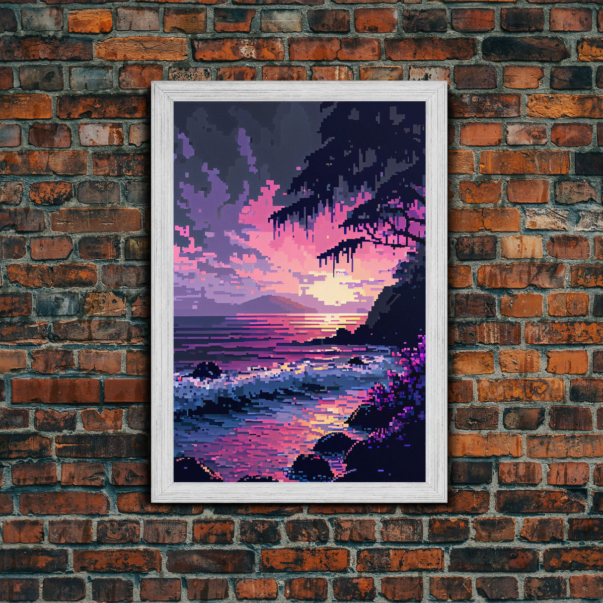 Pink Sunset, Vaporwave Aesthetic pixel art beach sunset, framed canvas print