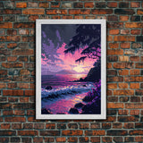 Pink Sunset, Vaporwave Aesthetic pixel art beach sunset, framed canvas print