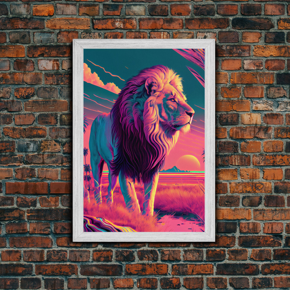 Retro style pastel art, watercolor painting of a lion, framed canvas print, vaporwave aesthetic animal print