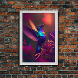 Hummingbird in flight, cute animal print, framed canvas print, colorful retro wave style art