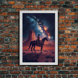 Cowboy contemplating the stars, framed canvas print, wild west art, western decor