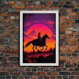 Outrun Style Wildwest Sunset Art, Framed canvas print, framed wall art, retro style western decor