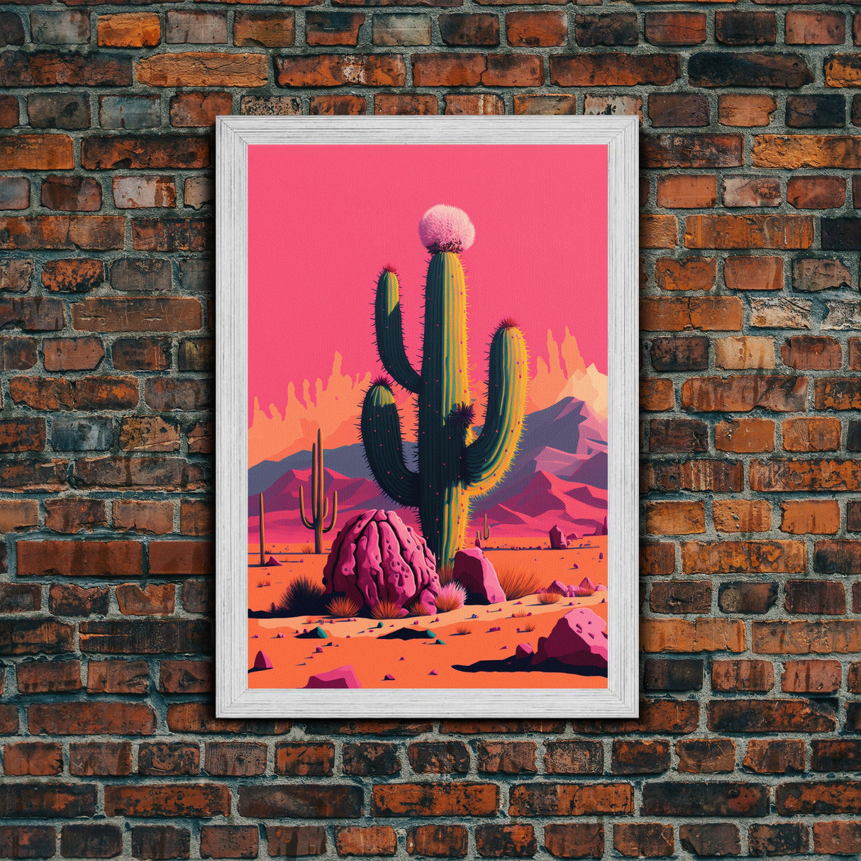 Mexico Cactus Art, Synthwave Pink Art, Framed Canvas Print, Southwest Saguaro Cactus Succulent Art, Western Decor