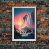 A Mythical Waterfall and Rainbow pouring Into the ocean blue at sunset, framed canvas print