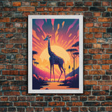 Retro Style Pop Art Giraffe Art, Synthwave Line Art, Framed Canvas Print, 80s Style Art, Outrun Style Animal Prints