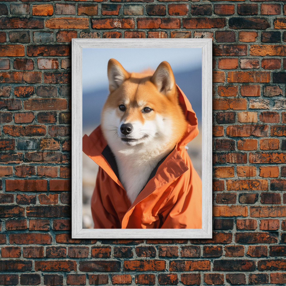 Shiba Inu Wall Print, Dog Wall Art, Animal Art, Orange Jacket, Funny Wall Art, Framed Wall Art, Framed Canvas, Wall Print, Wall Canvas