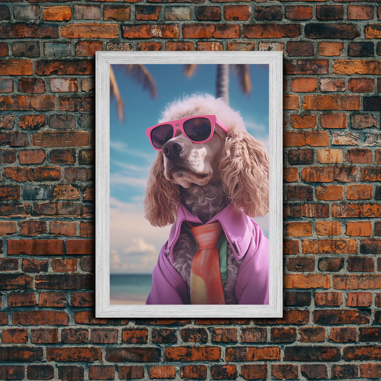 Poodle In Pink Shirt Sunglasses Wall Print, Beach Art, Dog Print, Dog Portrait, Framed Wall Art, Framed Canvas, Wall Print, Wall Canvas