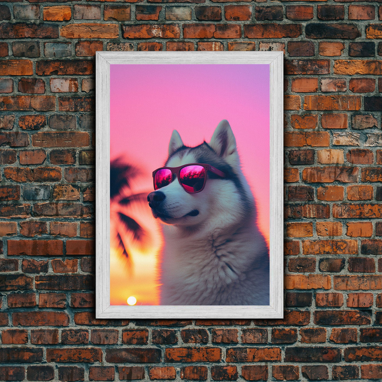 Siberian Husky In Pink Sunglasses Wall Print, Beach Art, Dog Print, Dog Portrait, Framed Wall Art, Framed Canvas, Wall Print, Wall Canvas