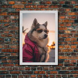 Siberian Husky In Pink Jacket Sunglasses Wall Print, Beach, Dog Print, Dog Portrait, Framed Wall Art, Framed Canvas, Wall Print, Wall Canvas