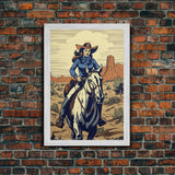 Western Cowgirl Deco, 24x36 Canvas Print, Equestrian Wall Art, Cowboy Decor, Southwestern Art, Wild West Retro Decor, Western Comic Book Art