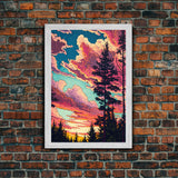 Pacific Northwest Forest Landscape Wall Art, Framed Canvas Print, Pink Cloudy Sunset Sky, Abstract Landscape Framed Art