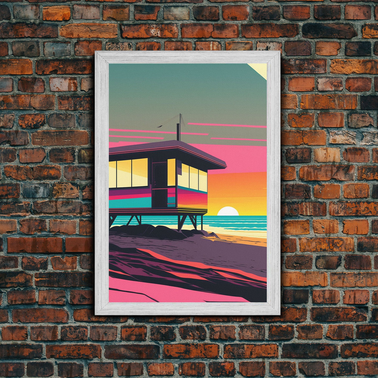 Synthwave Sunset Beach California Lifeguard Hut Framed Canvas Print, Retro Style, 80s Vibes, Turquoise Beach Art