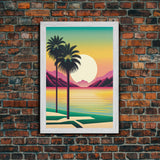 Framed Canvas Print - Art Deco Sunset Scene - Mountains, Palmtrees & Beaches - Retro Style Art - Living Room Decor