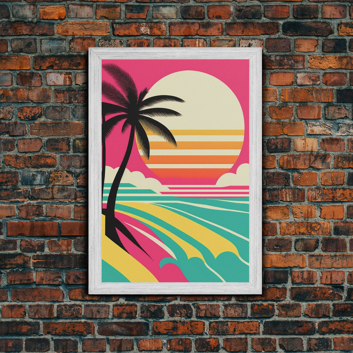 Framed Art Deco Canvas Print - Sunset Beach Scene, Minimalist Palms, Retro Style - Pink and Turquoise Vaporwave Art