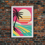 Framed Art Deco Canvas Print - Sunset Beach Scene, Minimalist Palms, Retro Style - Pink and Turquoise Vaporwave Art