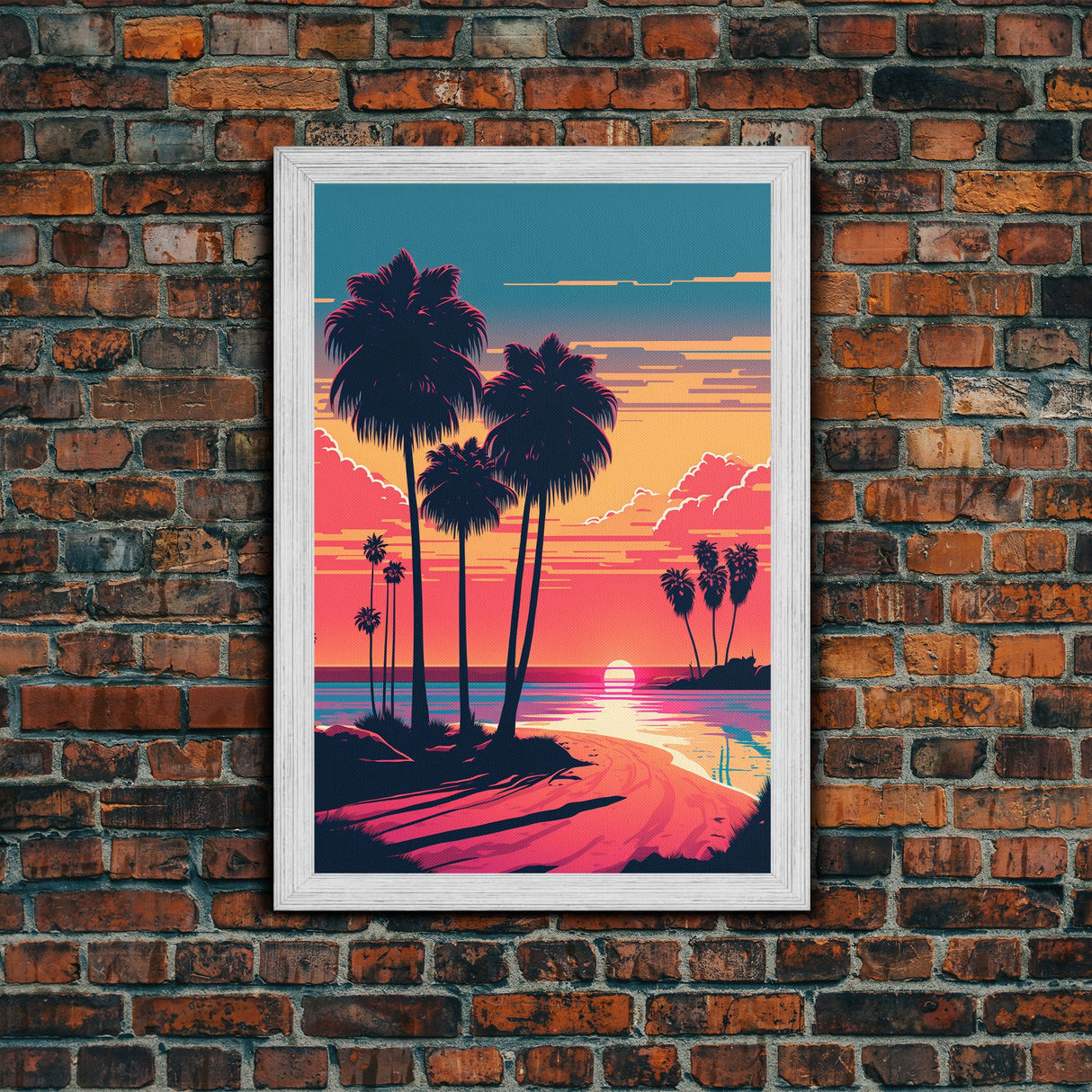 Framed Canvas Print - Art Deco Sunset, Beaches, Minimalist Palm Trees, Retro Synthwave, Vaporwave, 80s Vibes, Gamer Art, Bar Decor