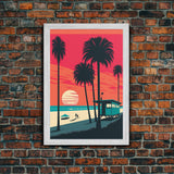 Retro Synthwave Art Deco Sunset Framed Canvas Print, Beaches, Palmtrees, Minimalist Style, Framed Art, Miami Art, California Decor